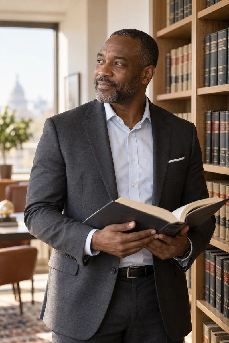 Illustrative legal professional reading a reference publication