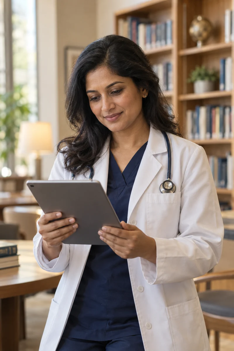 Illustrative physician reviewing professional publications on a tablet