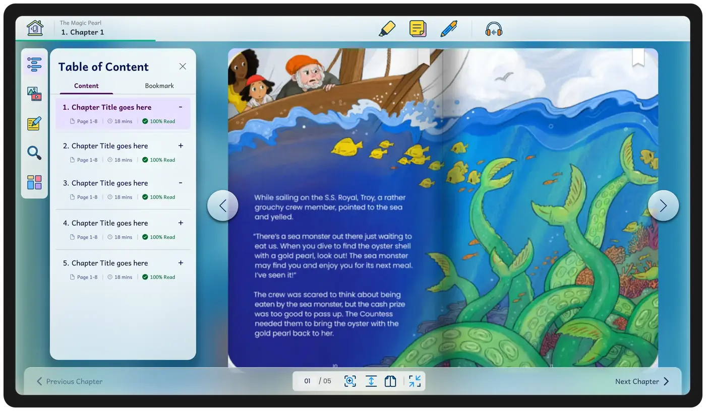 KITABOO Kids Reader source preview with chapter navigation and an illustrated story