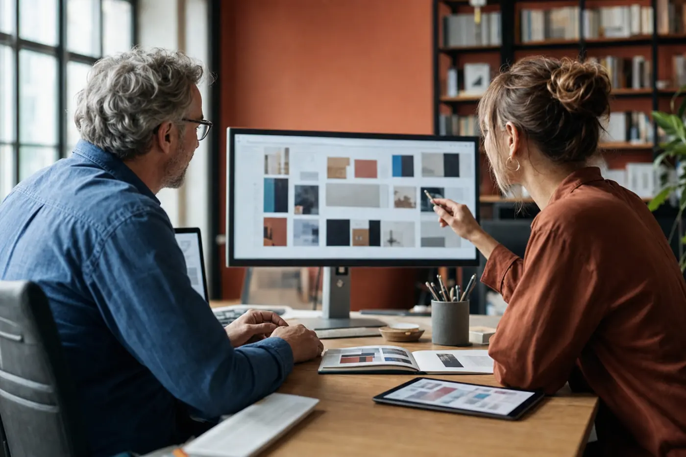 An editor and a colleague reviewing a catalog of titles on screen