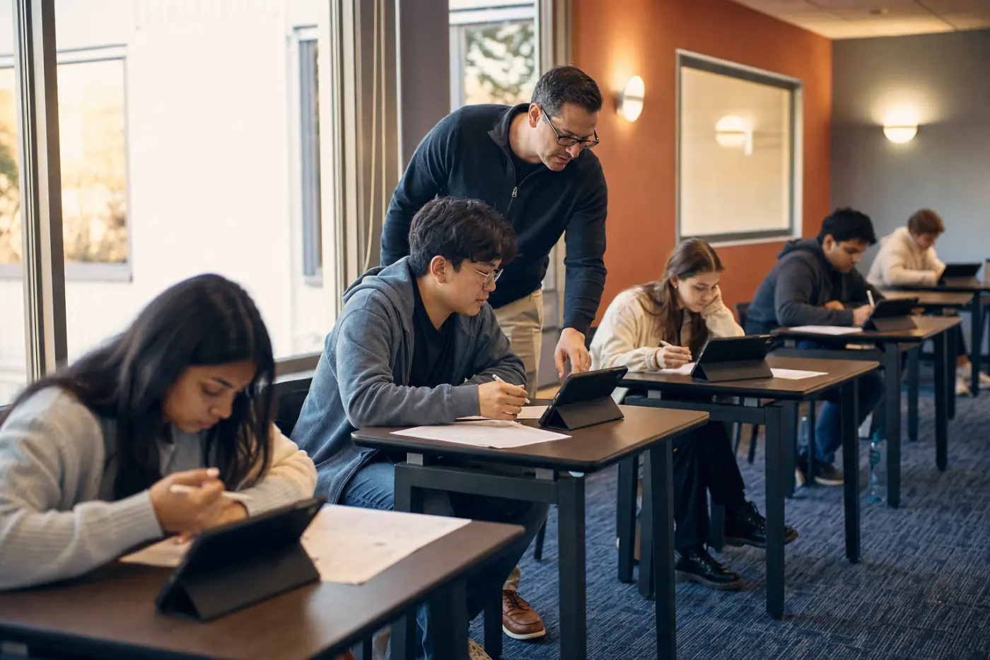 Students at individual desks in an exam preparation centre, an instructor moving between them