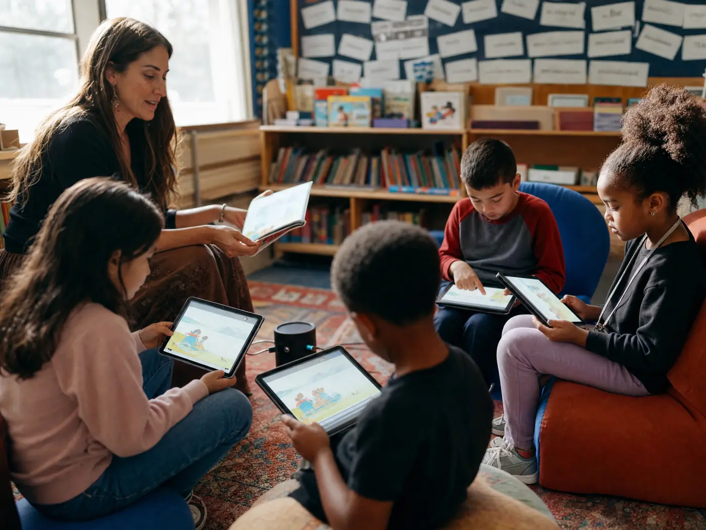 An elementary reading group following a story on tablets with their teacher