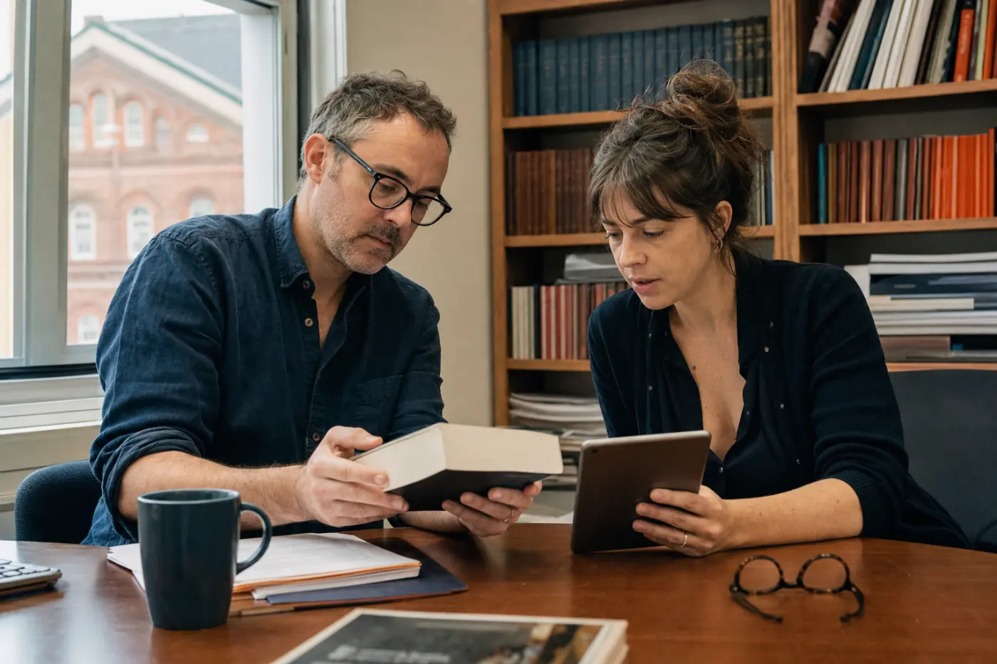 Two university press editors comparing a printed monograph with its digital edition