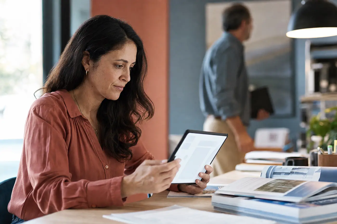 An association member reading an answer on a tablet, the printed standards open beside them