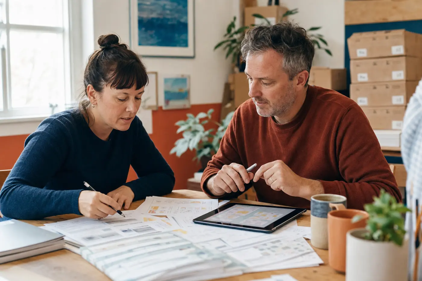 Two colleagues at a small K-12 publisher reviewing printed worksheet proofs beside a tablet