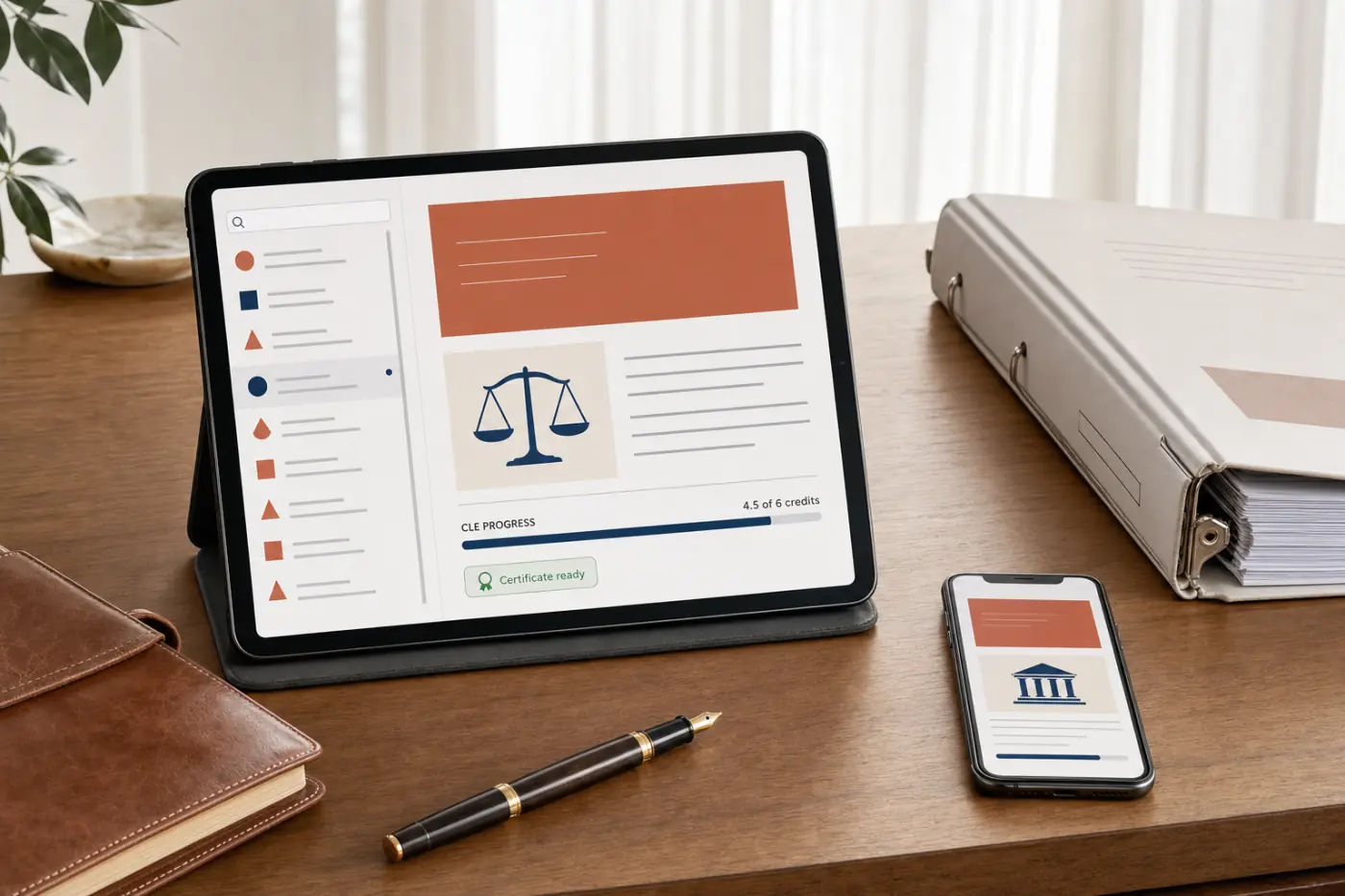 A tablet showing an interactive CLE handbook with credit progress and a certificate badge, the old printed binder closed beside it