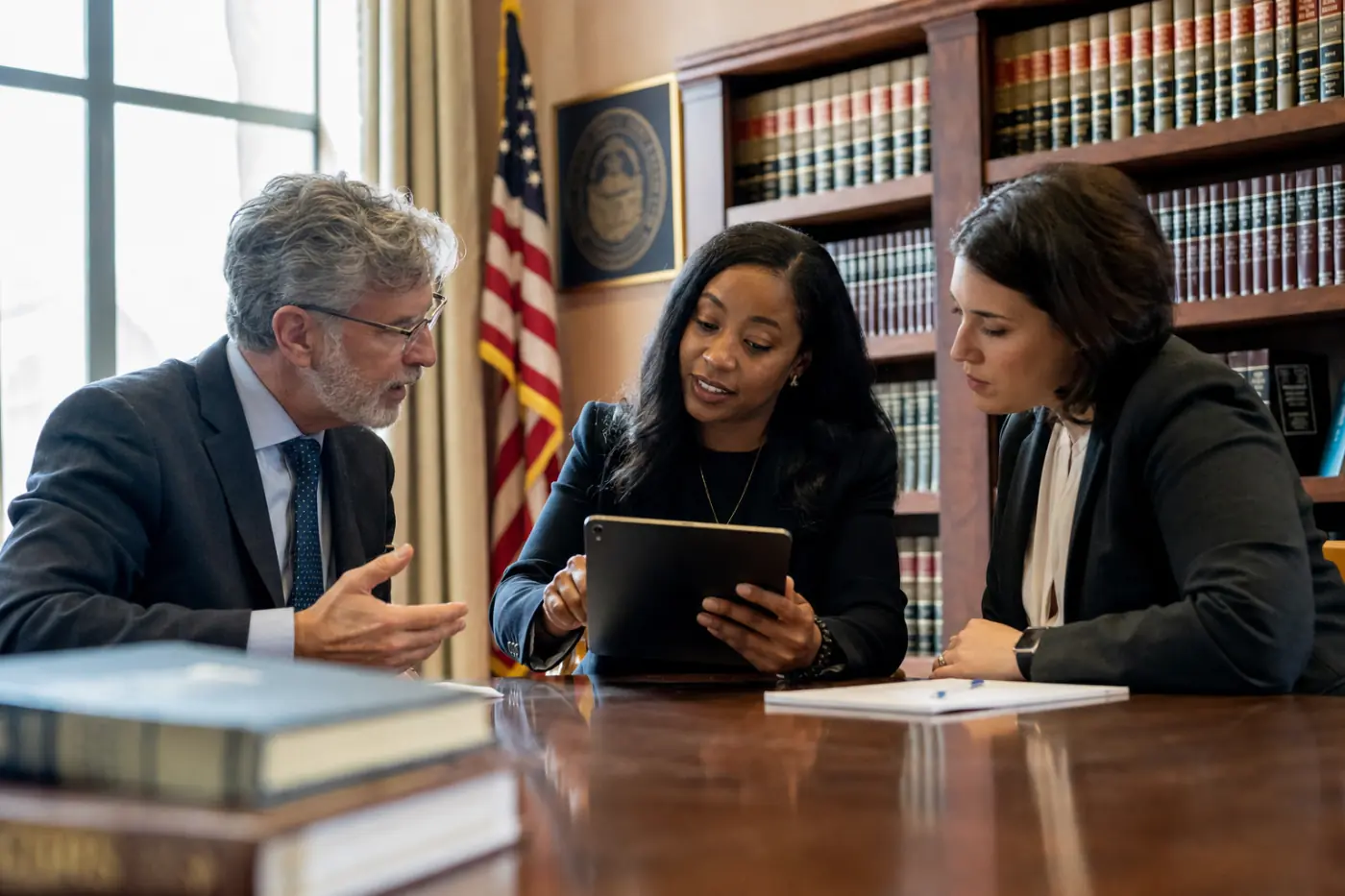 Three attorneys discussing a digital practice handbook on a tablet in a state bar association's member library