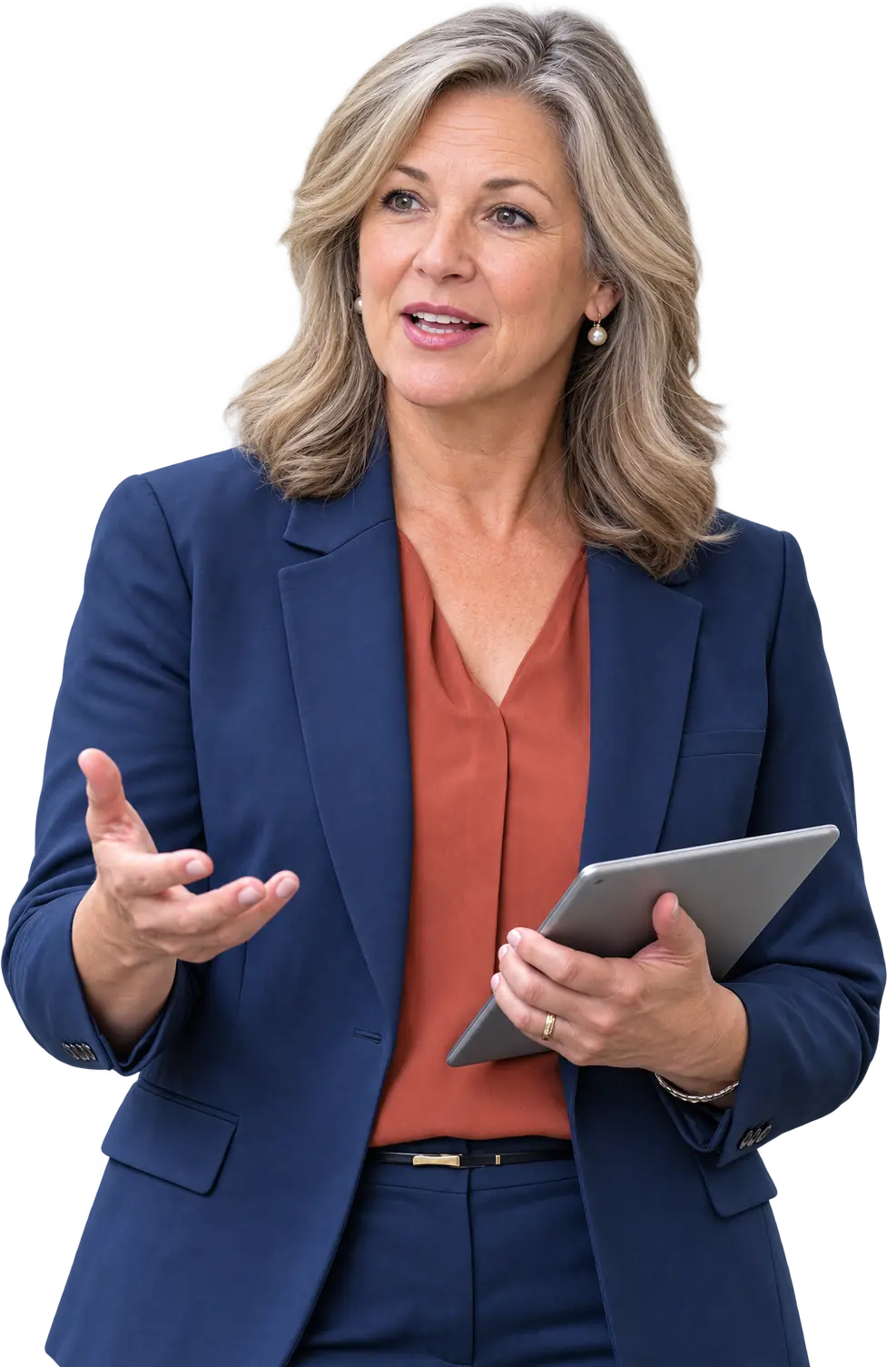 A senior attorney gesturing while explaining a CLE course, holding a tablet