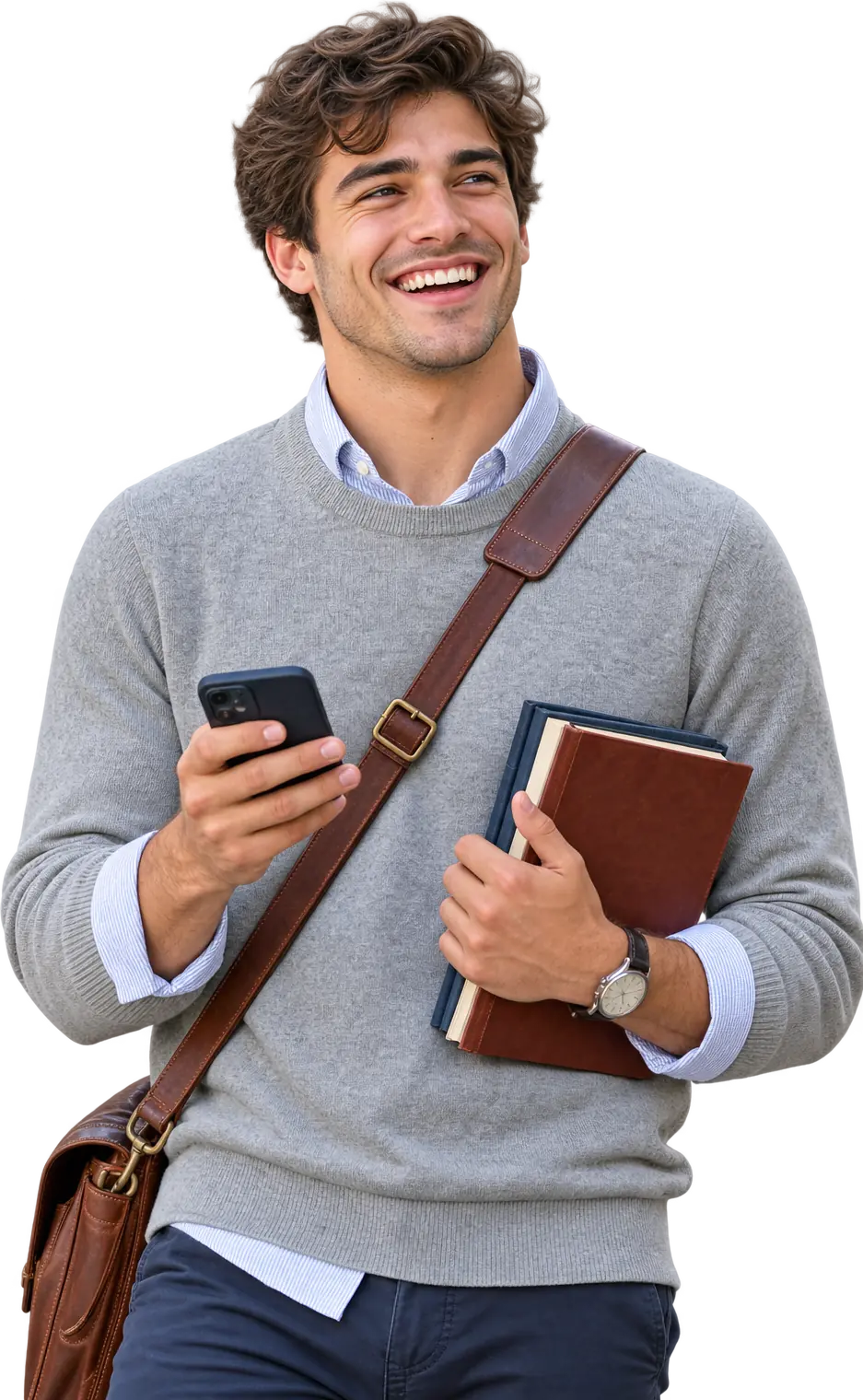 A young law graduate laughing while reading a digital law handbook on his phone