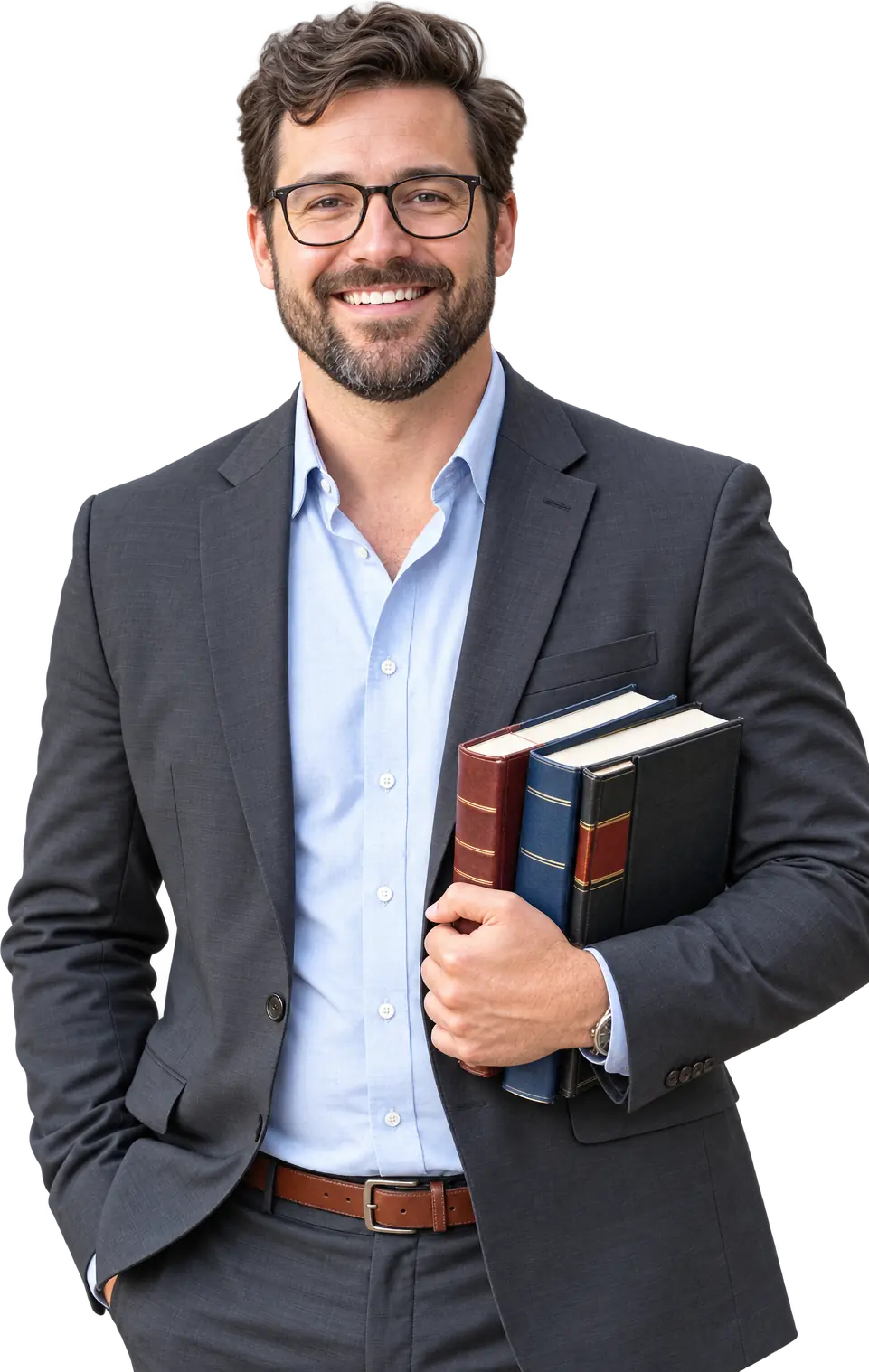 A lawyer with glasses holding a stack of legal reference books against his chest, smiling