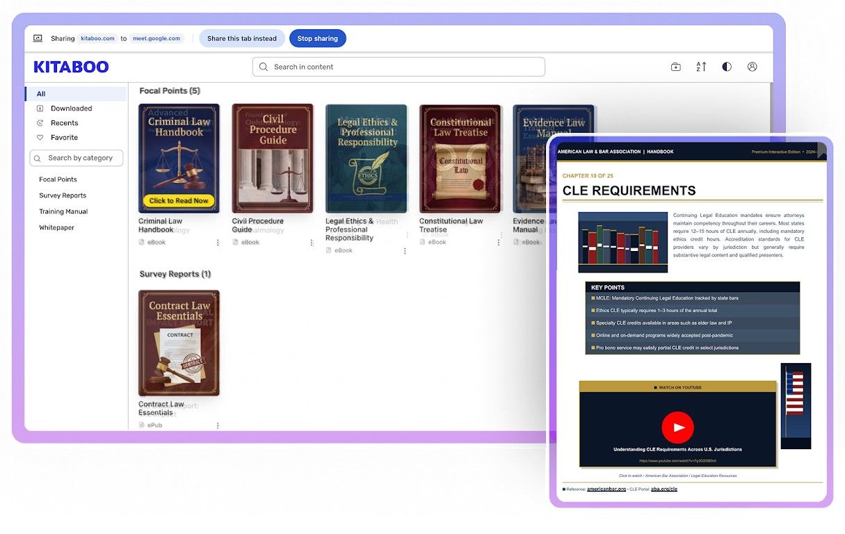 KITABOO legal content library with a CLE handbook reader preview