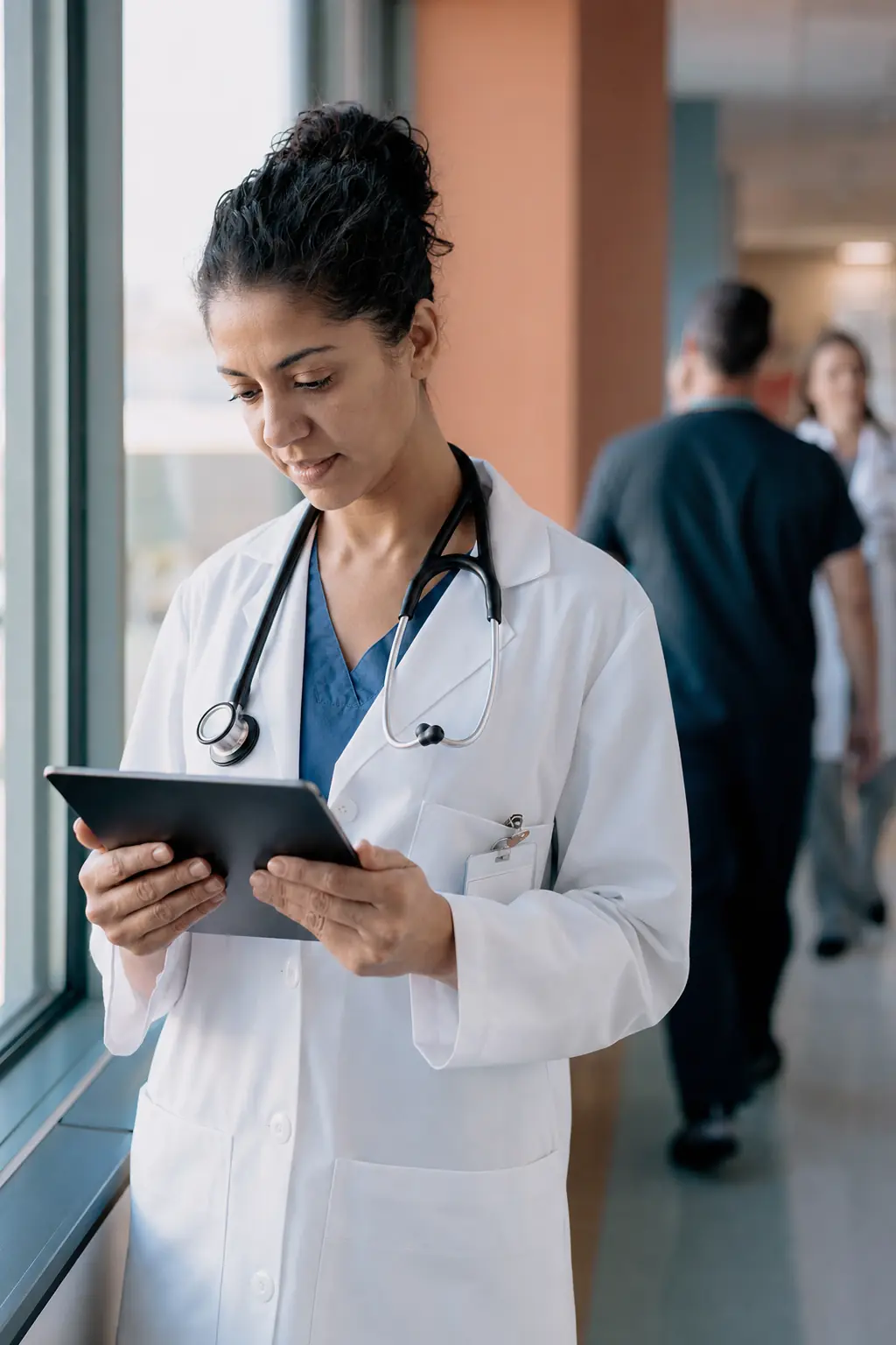 A healthcare professional reading on a tablet
