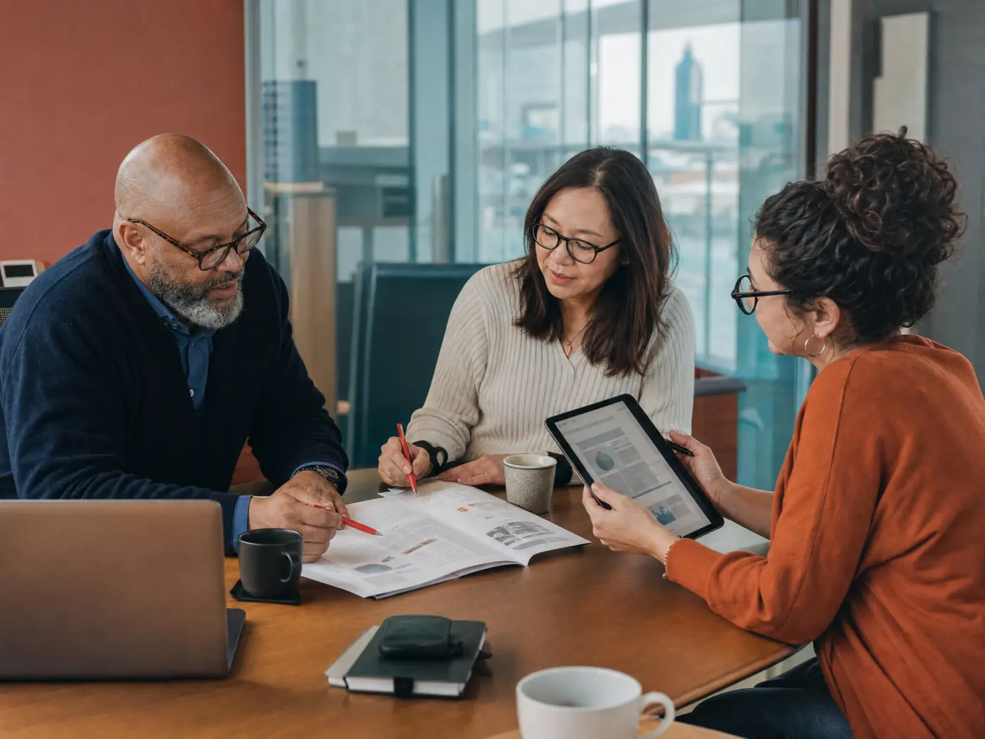 An editorial team planning educational content together