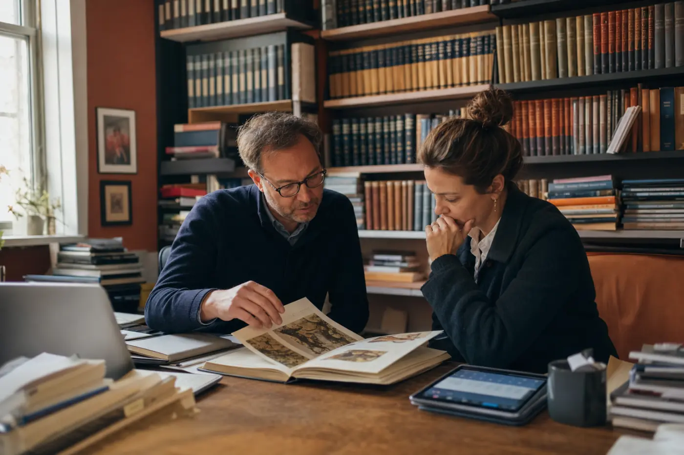 Two colleagues in a specialist publisher’s office examining an illustrated volume, shelves of single-subject books behind