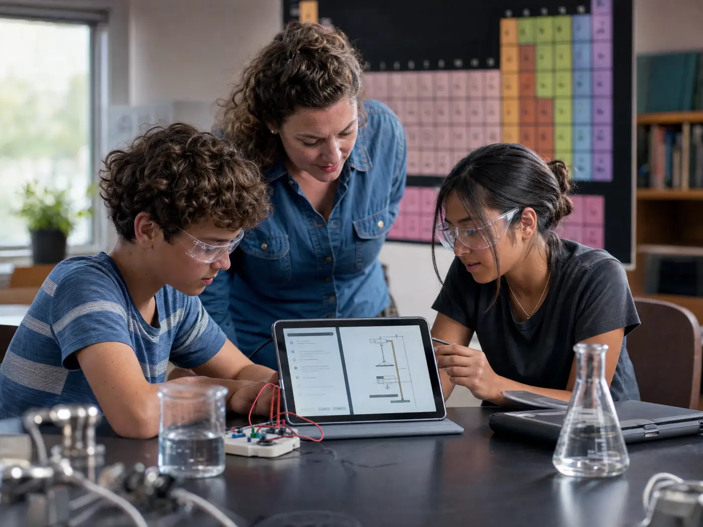 Students at a science lab bench following pre-lab steps on a tablet with their teacher