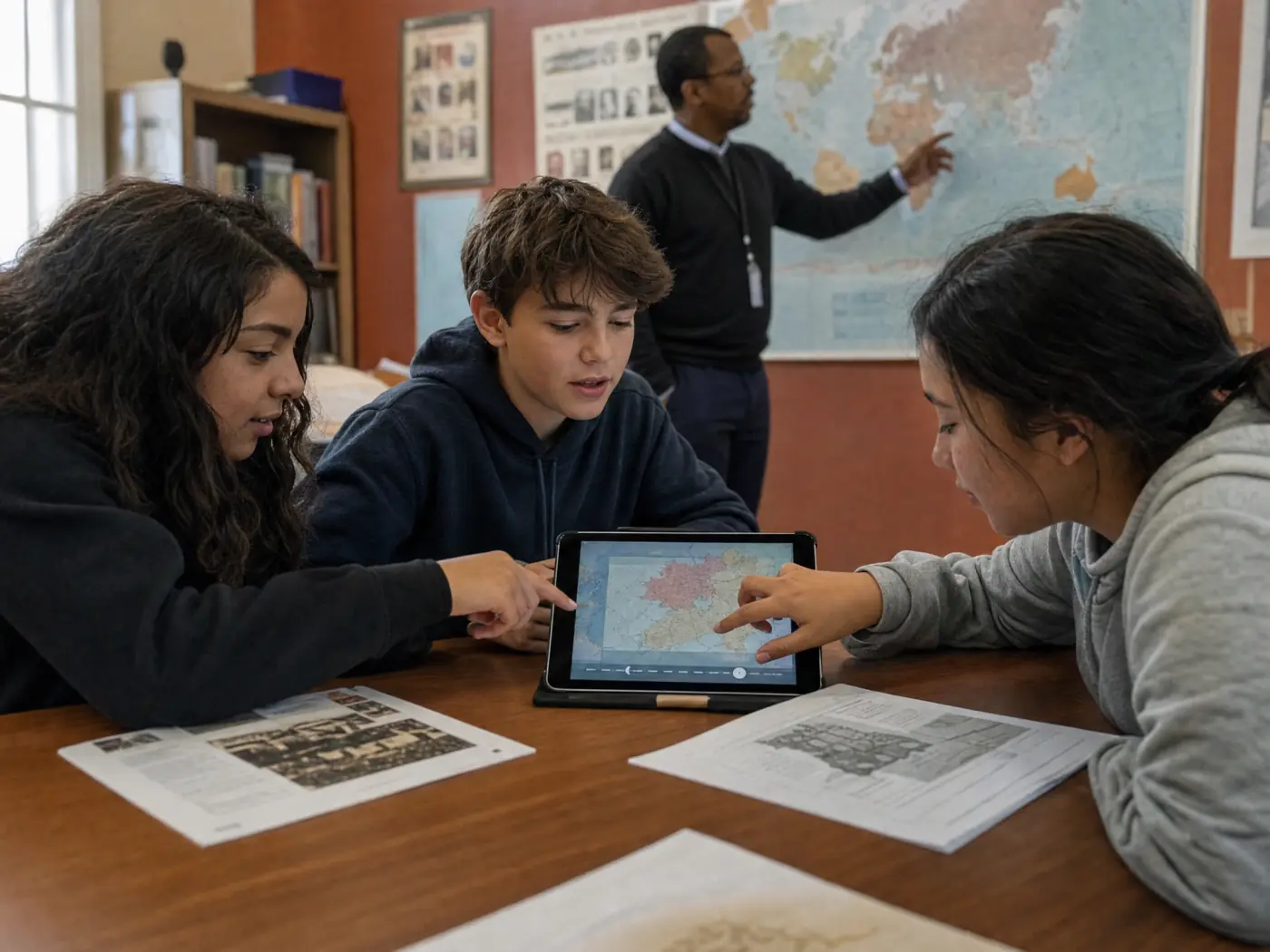 Students exploring an interactive historical map on a tablet in a social studies class