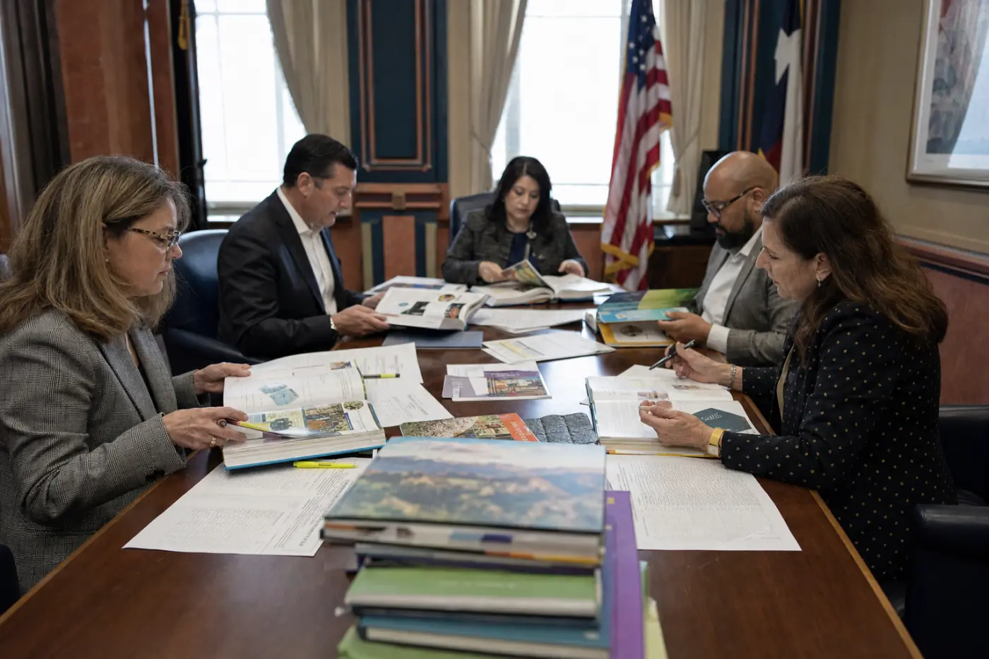A state adoption committee reviewing submitted textbooks around a conference table