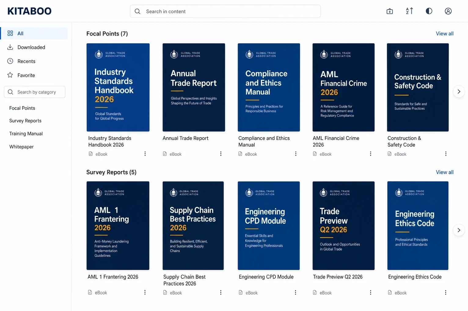 The KITABOO reader showing an association's standards library — handbooks, trade reports and CPD modules