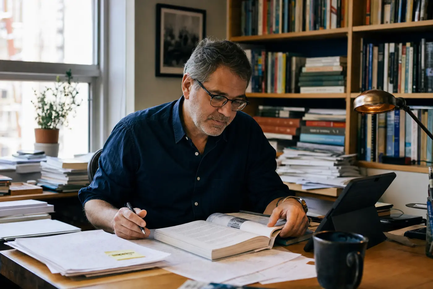 An editor at a wooden desk with a marked-up manuscript and a hardback jacket proof, shelves of published spines behind