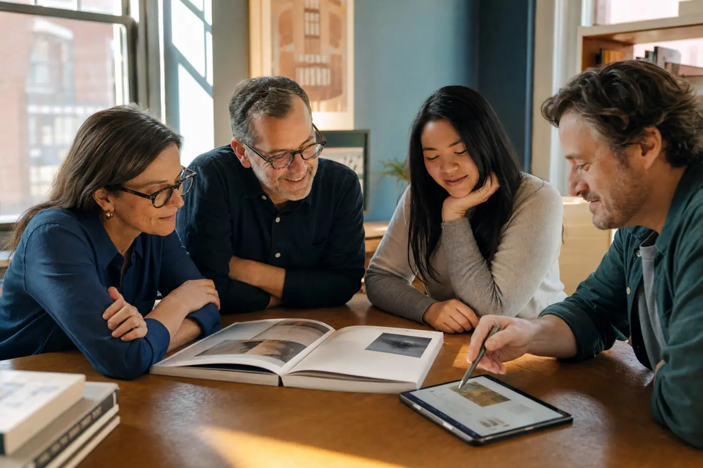 A publishing team with a finished printed book and its digital edition open side by side